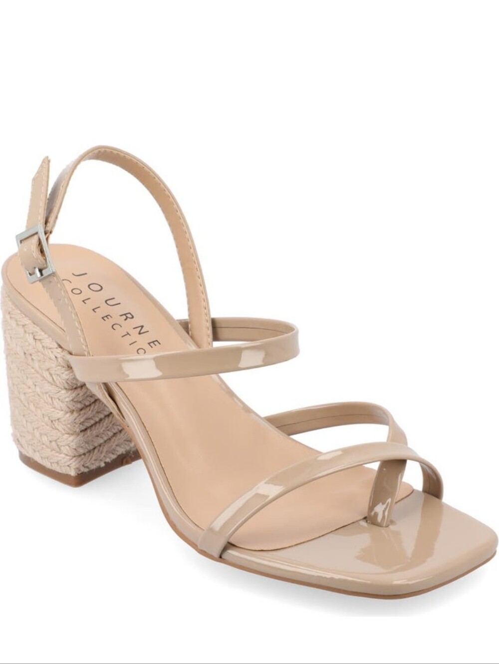 Journee Collection Taupe Olivina Patent Strappy Block Jute Heel Sandals Size 7.5